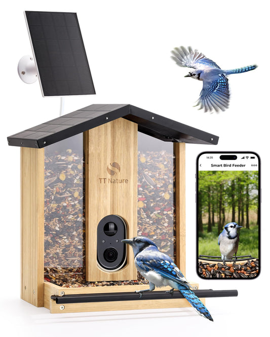 TT Nature Bird Feeder with Camera – 3L Smart Bird Feeder with AI Recognition, Live Streaming, Cloud Storage, Real-Time Alerts, Birdwatching Gift for Nature Lovers (Bamboo)