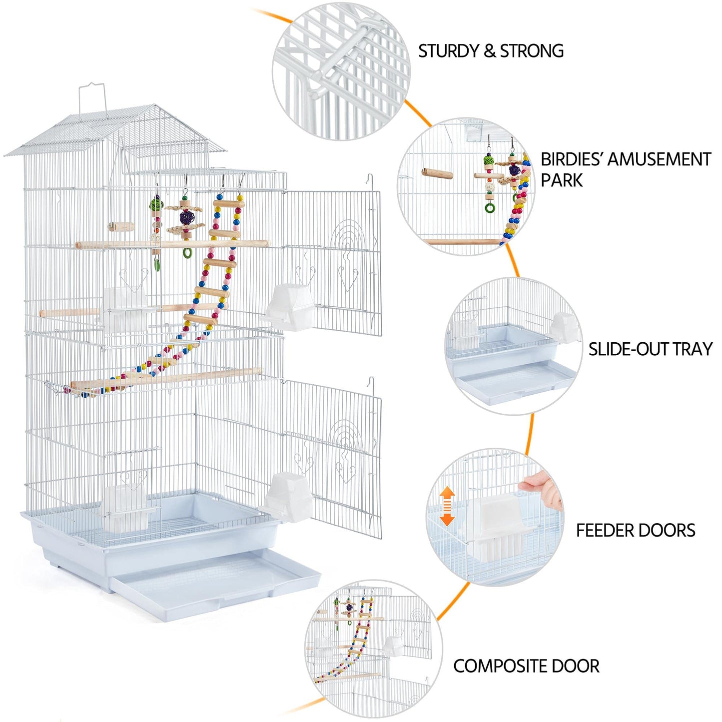 Yaheetech 39-inch Roof Top Medium Parakeet Bird Cages for Cockatiels Conures Finches Budgies Canaries Lovebirds Parakeets Green Cheek Small Birds Parrots, Travel Flight Birdcage w/Toys, White