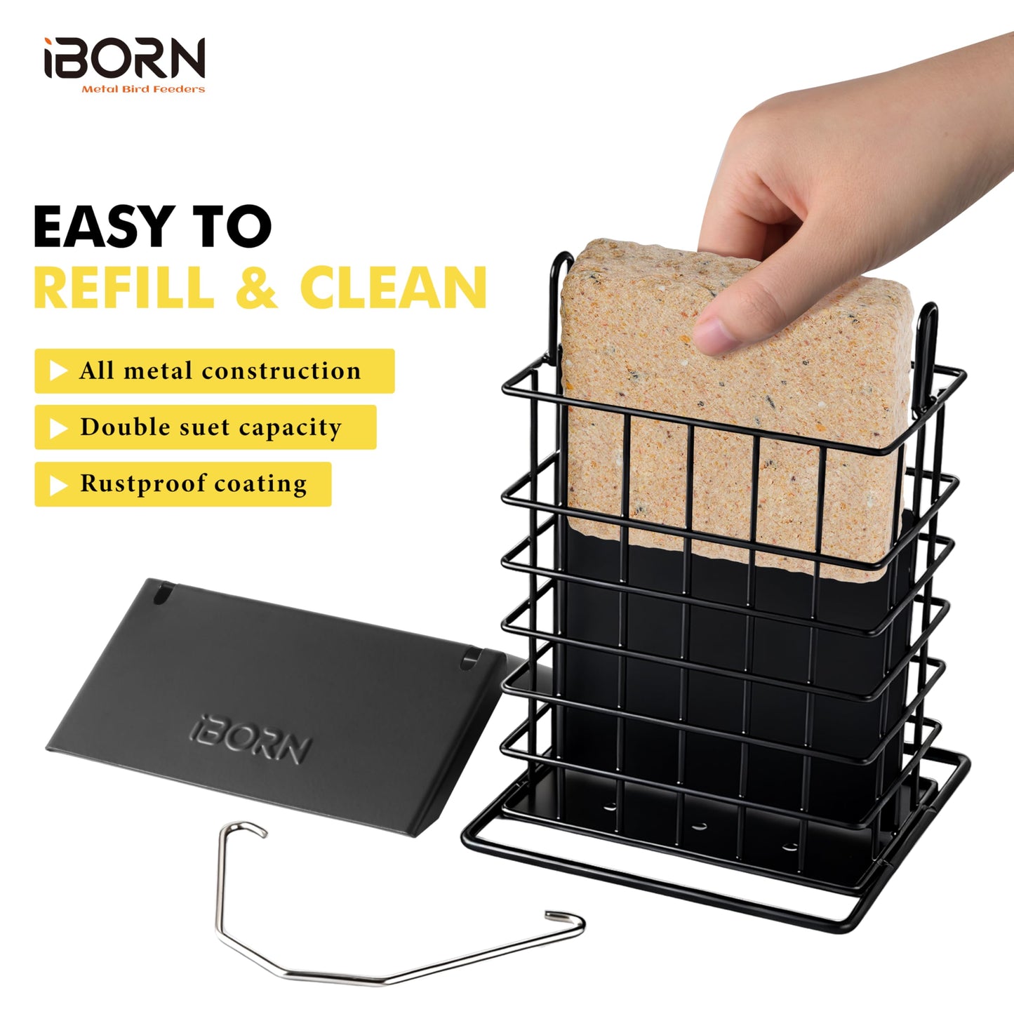 iBorn Suet Feeder for Outside Hanging,Suet Bird Feeders for Outdoors,Suet Holder With Squirrel Proof Hanger Hook,Suet Cage Bird Feeders,Woodpecker Feeder,Weatherproof Metal Roof,All Metal,1 Pack,Black