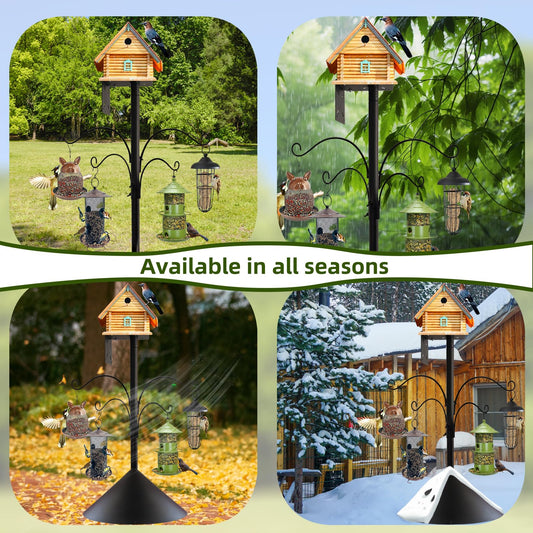 Bird Feeder Pole - 92 Inch Heavy Duty Birdhouse Stand with Squirrel Proof Baffle for Outdoor, Adjustable Bird Feeding Station with Multi Shepherds Hooks Mental Trays for Garden Attracting Wild Birds