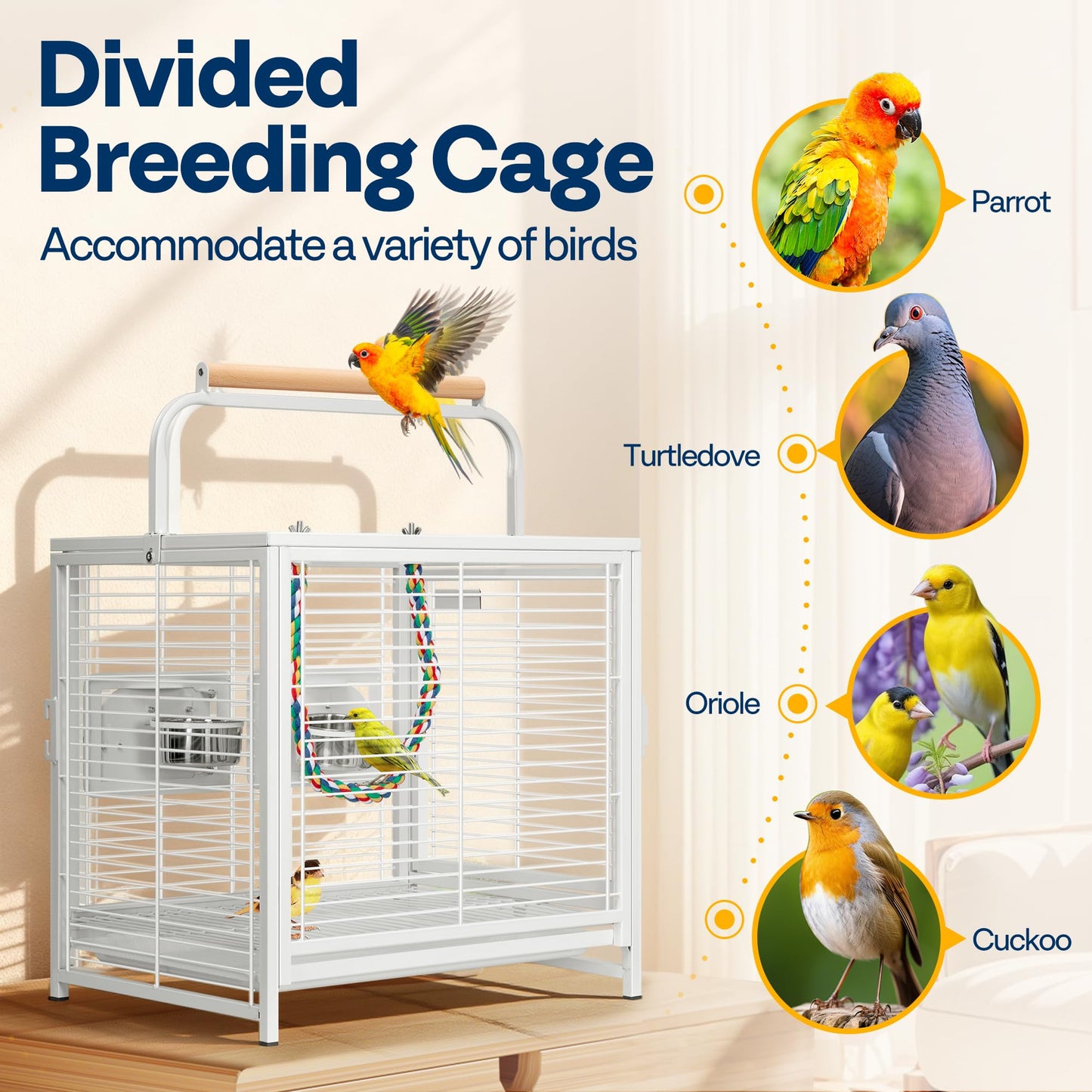 VIVOHOME 19 Inch Wrought Iron Bird Travel Carrier Cage for Parrots Conures Lovebird Cockatiel Parakeets White