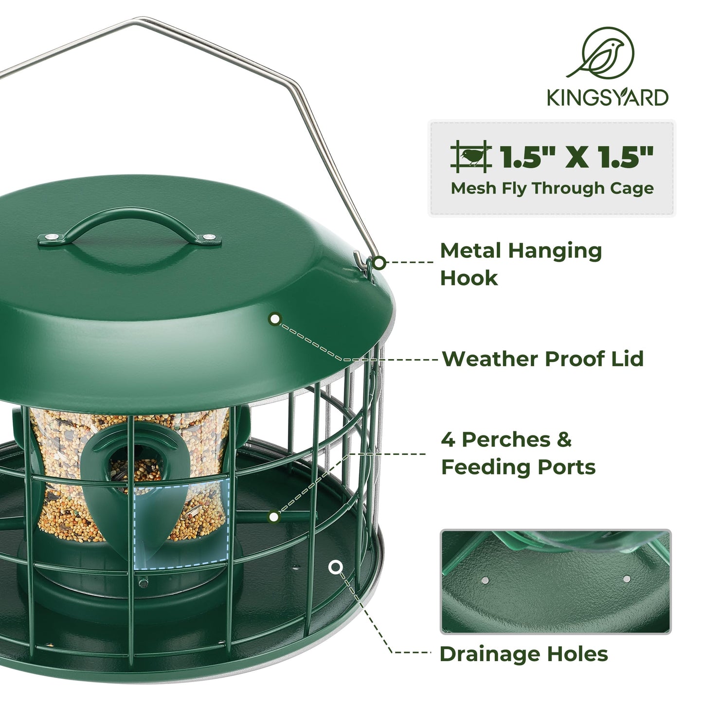 Kingsyard Tube Squirrel Proof Bird Feeders for Outdoor Hanging, Metal Caged Bird Feeder with Rain Proof Covered for Wildbirds Finches Bluebird, 4 Feeding Ports, Green