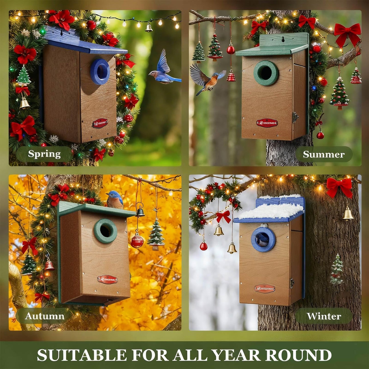 Kingsyard Recycled Plastic Bird House for Outdoor - Durable Nesting Box with Clear View Panel & Predator Guard for Bluebird Wren Swallow Finch, Blue & Brown