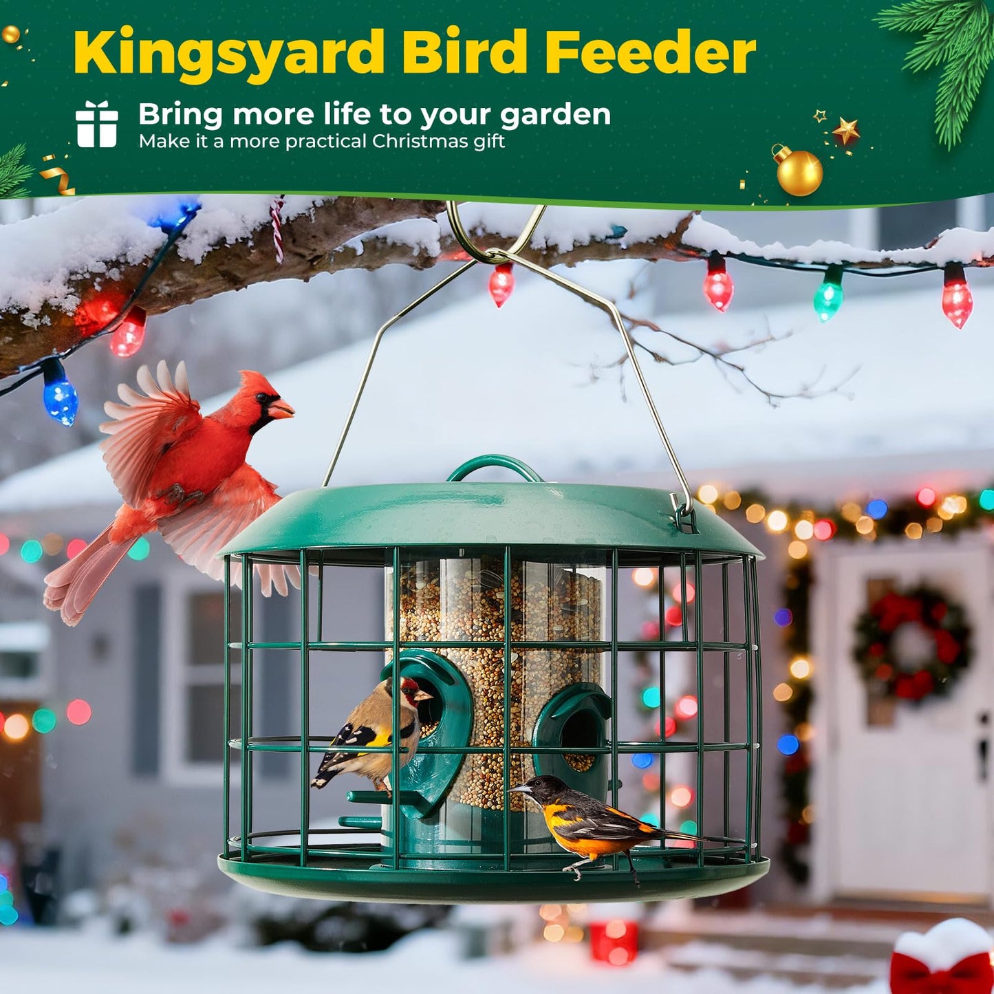 Kingsyard Tube Squirrel Proof Bird Feeders for Outdoor Hanging, Metal Caged Bird Feeder with Rain Proof Covered for Wildbirds Finches Bluebird, 4 Feeding Ports, Green