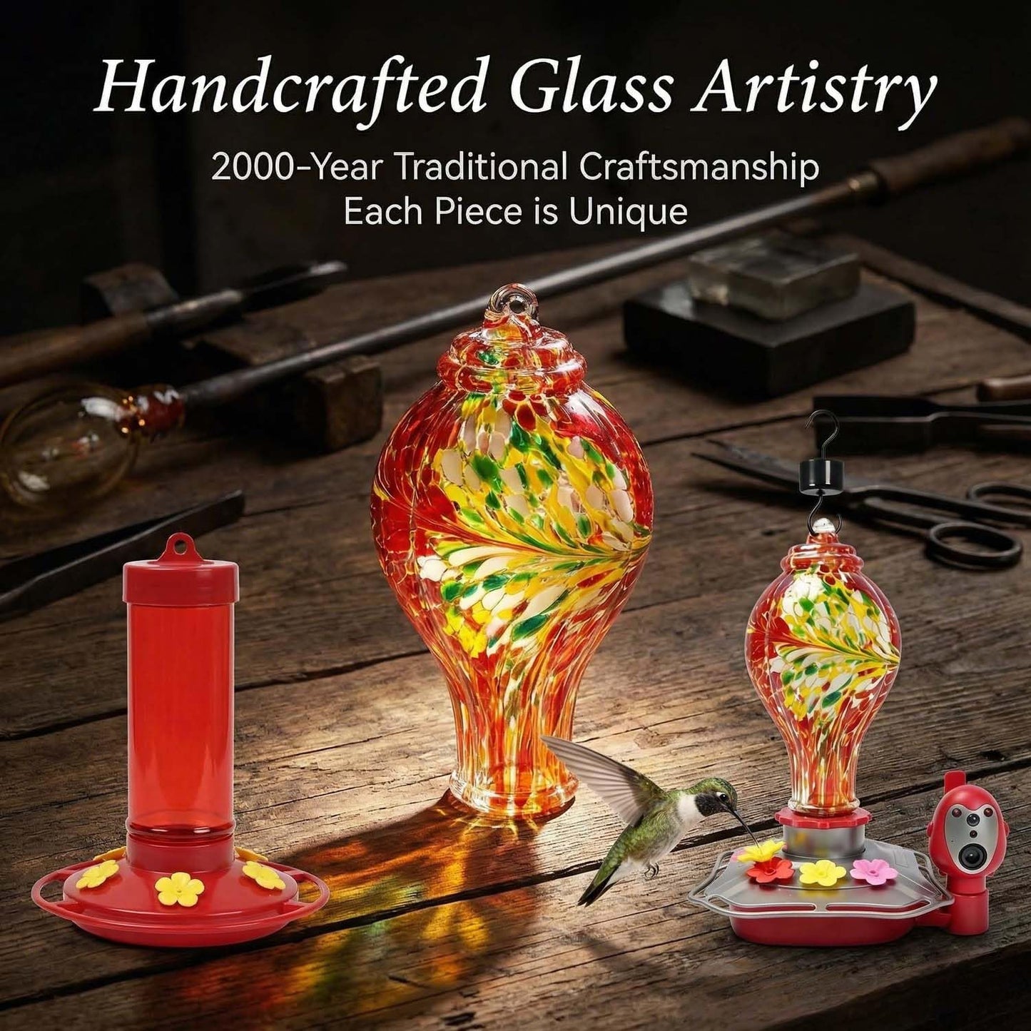 Hummingbird Feeder with Camera, Smart Glass Humming Bird Feeder Camera Solar Powered, AI Identify and Instant Notifications, 2K Live View, Leak-Proof Ant & Bee Proof, Ideal Gift for Bird Lovers