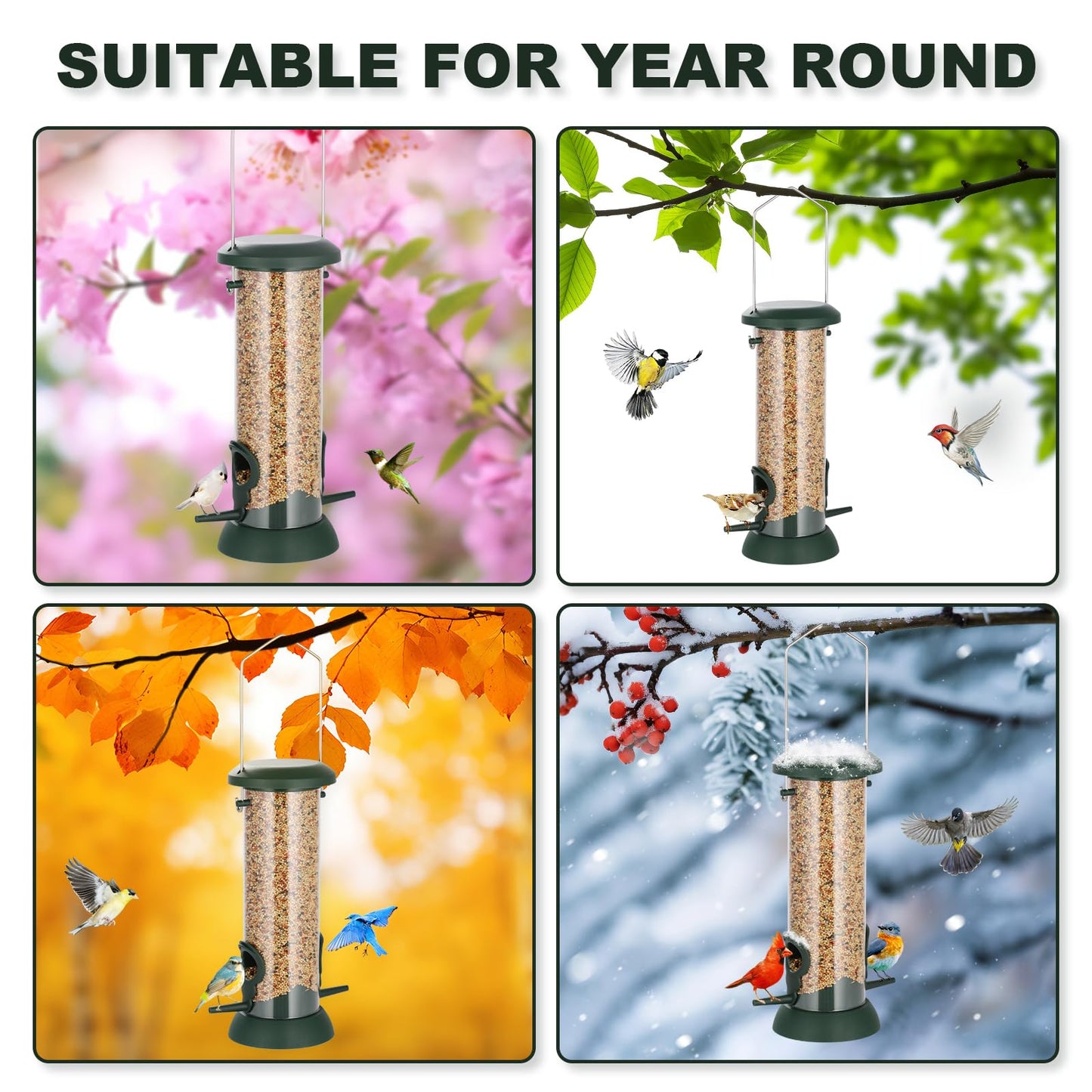 FEED GARDEN 2 Pack Tube Bird Feeders for Outdoors Hanging, Premium Hard Plastic Wild Bird Feeders with 2 Ports, Small Bird Feeder Easy-Refill&Clean, Gifts for Mom Woman, 8.5 Inch Green
