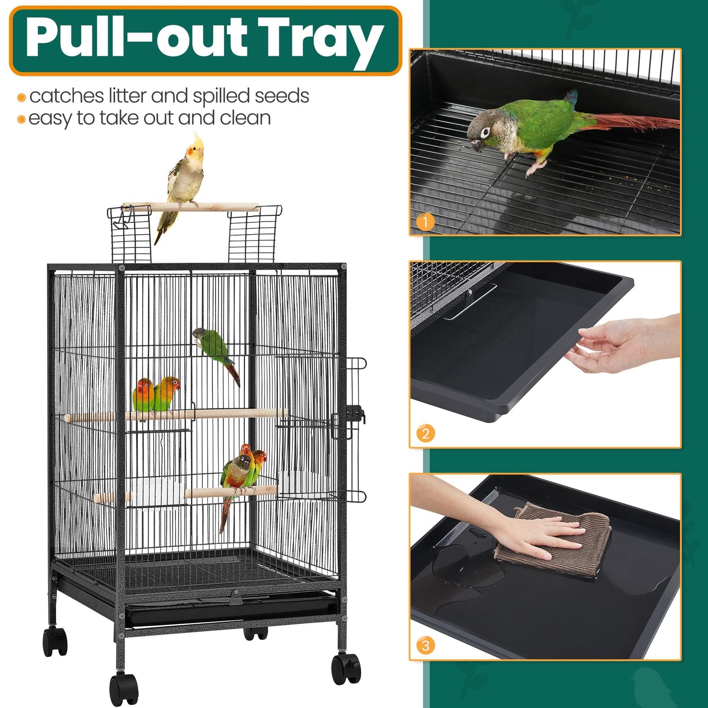Yaheetech 35 inch Wrought Iron Bird Cage w/Play Open Top and Rolling Stand for Small Birds Like Parrots Conure Lovebird Cockatiel Lovebirds Budgies
