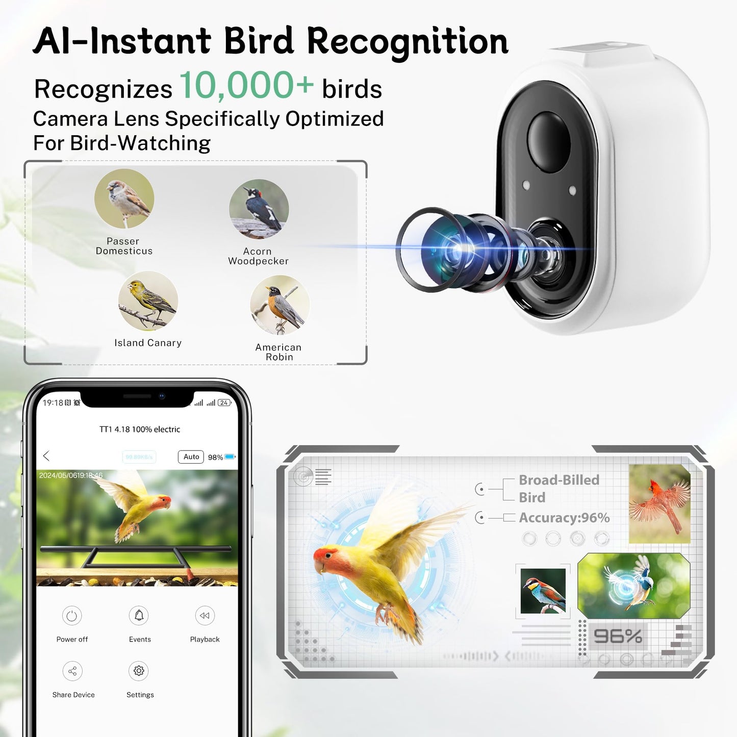 TT Nature Bird Feeder with Camera, Upgraded Smart Bird Feeder Al Identify for 10000 Species, Auto Capture & Real-time Notifications, Ideal Gift for Chirstmas