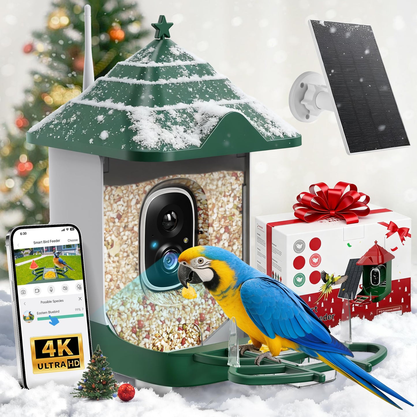 Smart Bird Feeder with Camera Solar Powered, 4K HD Live Video Bird House, AI Identifies,App Control,Instant Arrival Alert,Auto Capture,Motion Detection,IP65 Waterproof