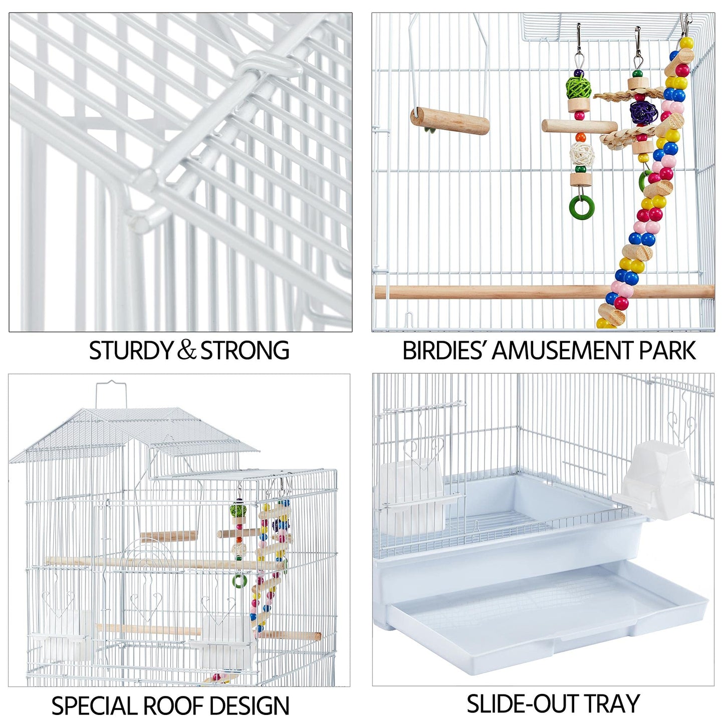 Yaheetech 39-inch Roof Top Medium Parakeet Bird Cages for Cockatiels Conures Finches Budgies Canaries Lovebirds Parakeets Green Cheek Small Birds Parrots, Travel Flight Birdcage w/Toys, White