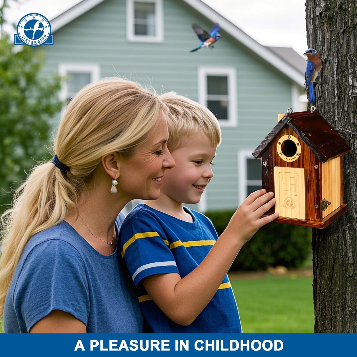 SISTERBIRD Bluebird Houses for Outside, Premium Bird Houses for Outside, Wooden Cabin Birdhouses for Outdoors, Weatherproof Courtyard Decorated Hanging Bird House, Nesting Bird House