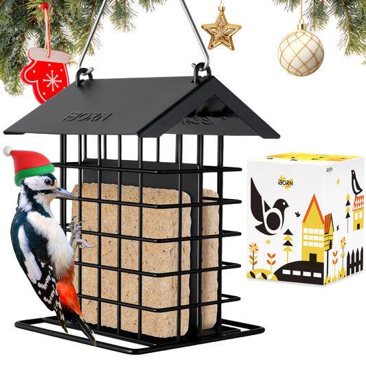 iBorn Suet Feeder for Outside Hanging,Suet Bird Feeders for Outdoors,Suet Holder With Squirrel Proof Hanger Hook,Suet Cage Bird Feeders,Woodpecker Feeder,Weatherproof Metal Roof,All Metal,1 Pack,Black