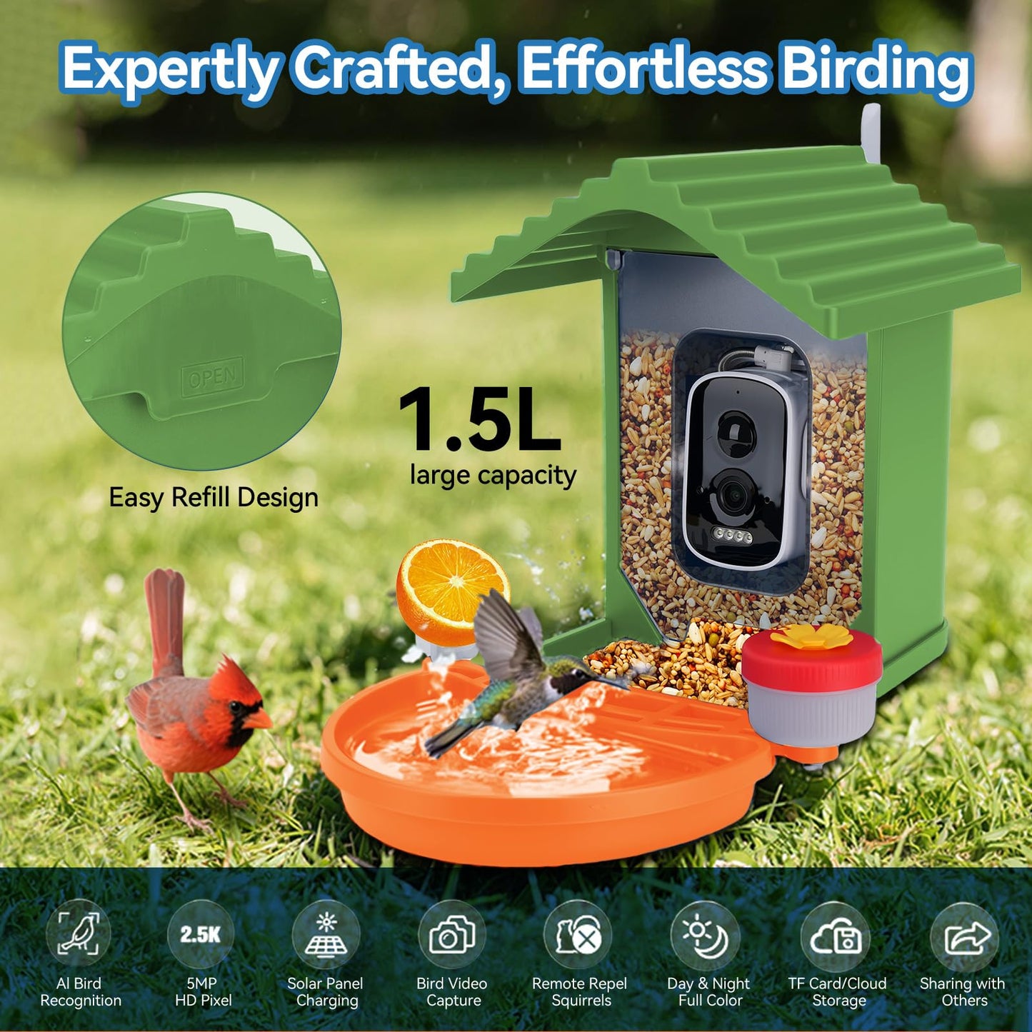 Smart AI Bird Feeder with Camera,2.5K HD Live View,Solar Powered,Instant Birds Species Recognition,Real Time Alerts,Wireless Birdhouse with Night Vision,Ideal Gift,Green