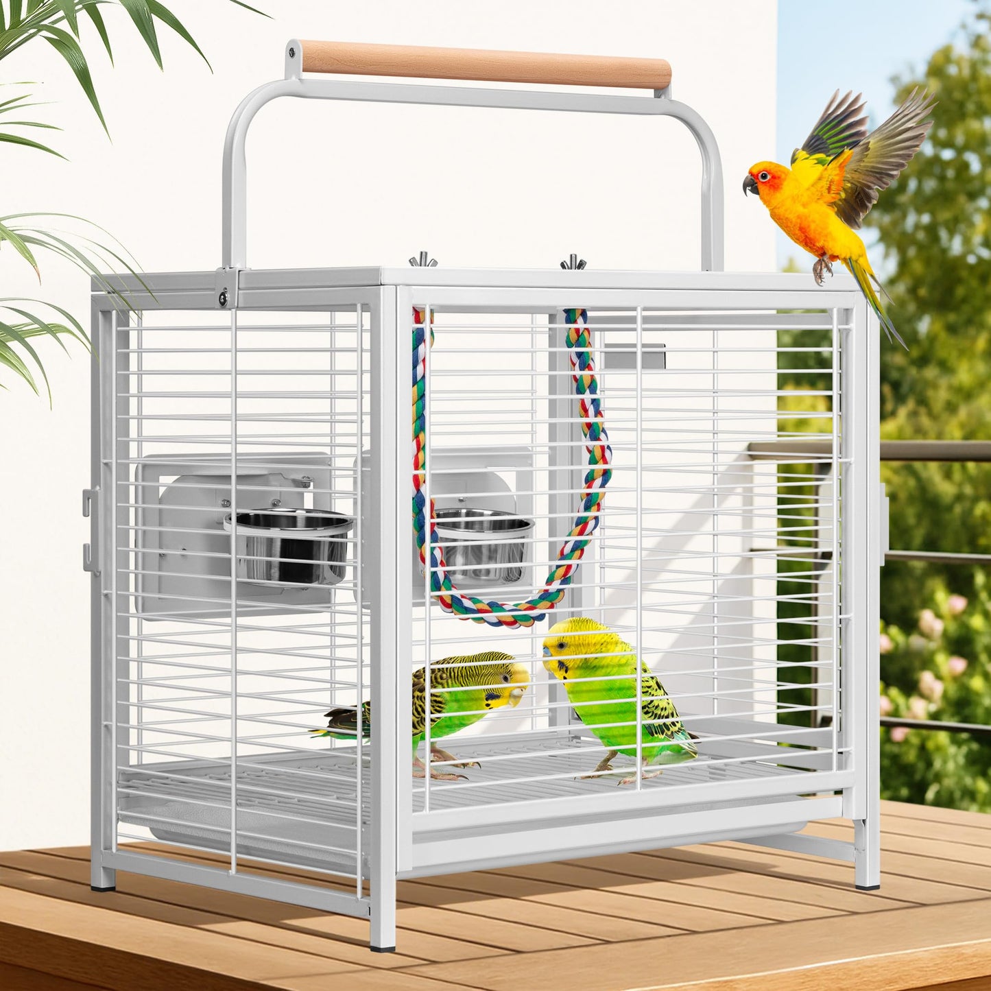 VIVOHOME 19 Inch Wrought Iron Bird Travel Carrier Cage for Parrots Conures Lovebird Cockatiel Parakeets White