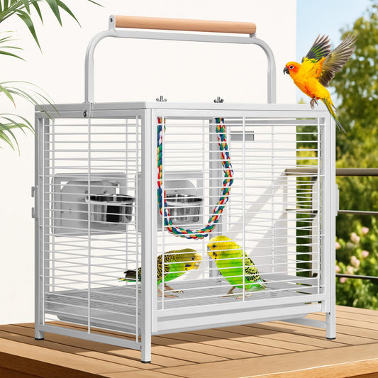 VIVOHOME 19 Inch Wrought Iron Bird Travel Carrier Cage for Parrots Conures Lovebird Cockatiel Parakeets White