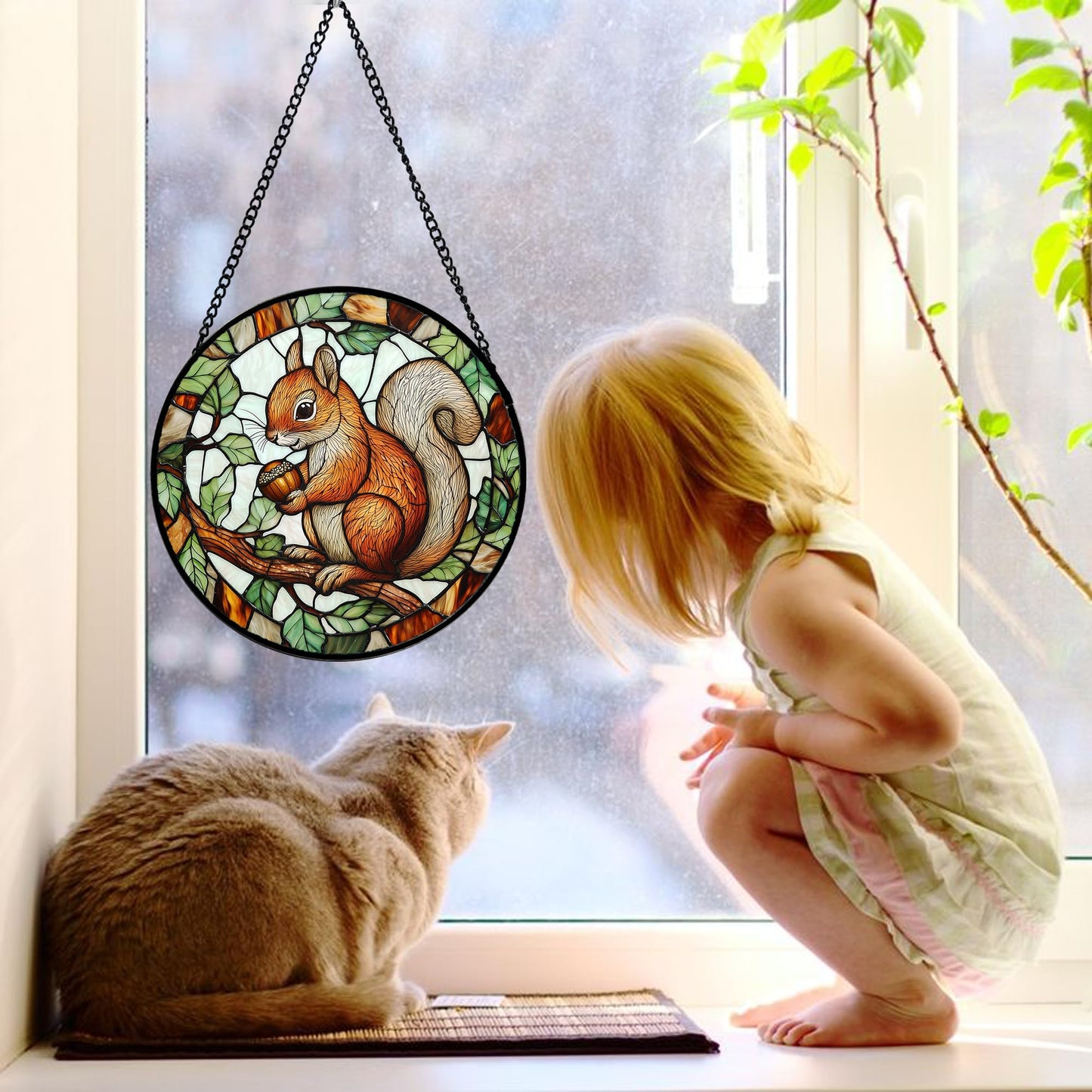 DASTOLL Stained Glass Window Hanging, Squirrel on a Branch Suncatcher Diamond Glass Panel Animal Sun Catchers Decor for Birthday for Women, Men, Wife, Aunt, and Mom 7.8 in