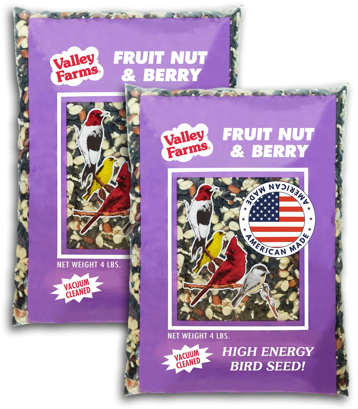 Valley Farms Fruit Nut & Berry 4 LB 2-Pack (8 LB Total) Wild Bird Food for Outside Feeders, Bird Seed with Dried Fruit, Peanuts Sunflower Hearts, Safflower High Energy Mix for Healthy Birds!