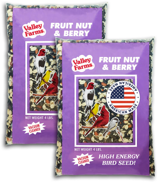 Valley Farms Fruit Nut & Berry 4 LB 2-Pack (8 LB Total) Wild Bird Food for Outside Feeders, Bird Seed with Dried Fruit, Peanuts Sunflower Hearts, Safflower High Energy Mix for Healthy Birds!