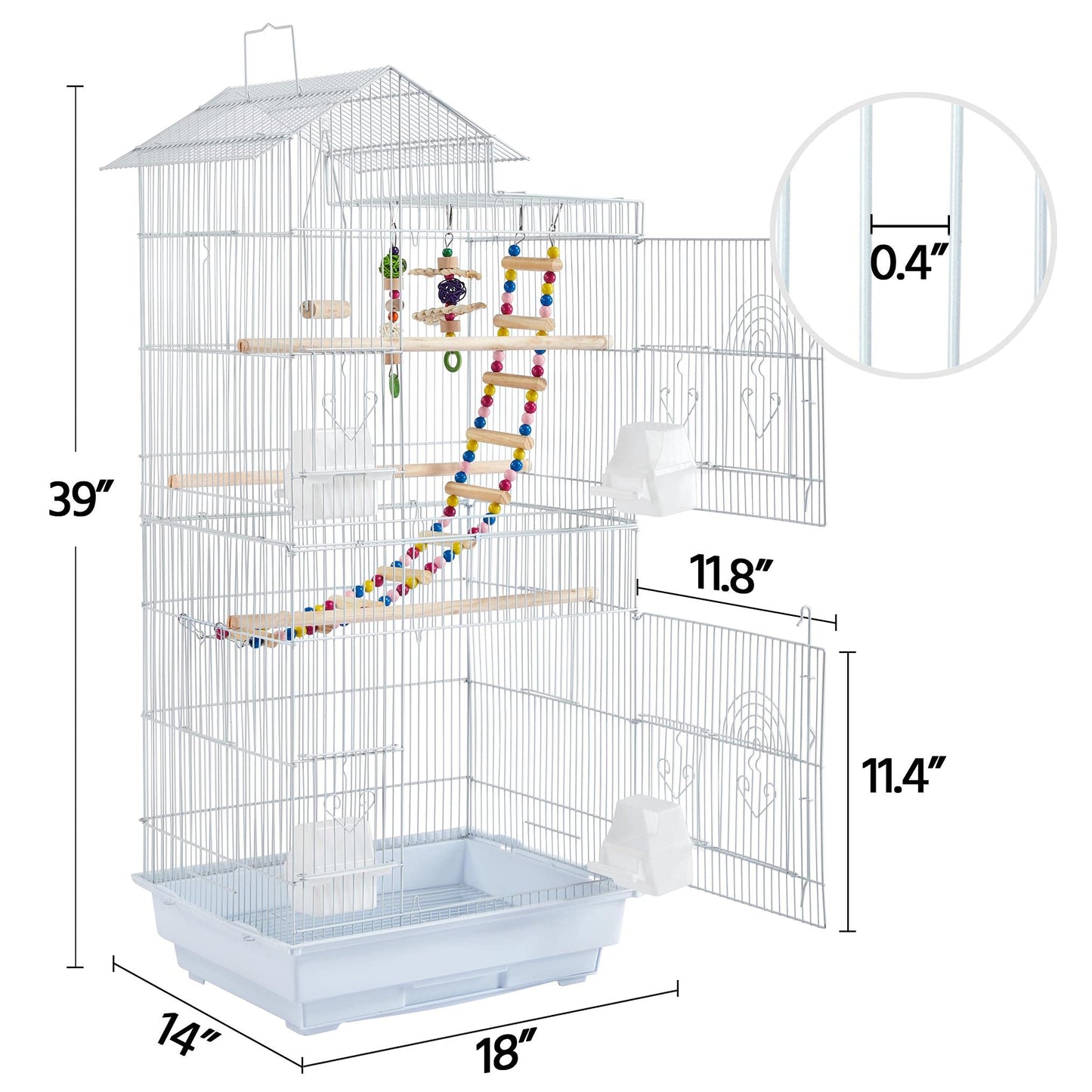 Yaheetech 39-inch Roof Top Medium Parakeet Bird Cages for Cockatiels Conures Finches Budgies Canaries Lovebirds Parakeets Green Cheek Small Birds Parrots, Travel Flight Birdcage w/Toys, White