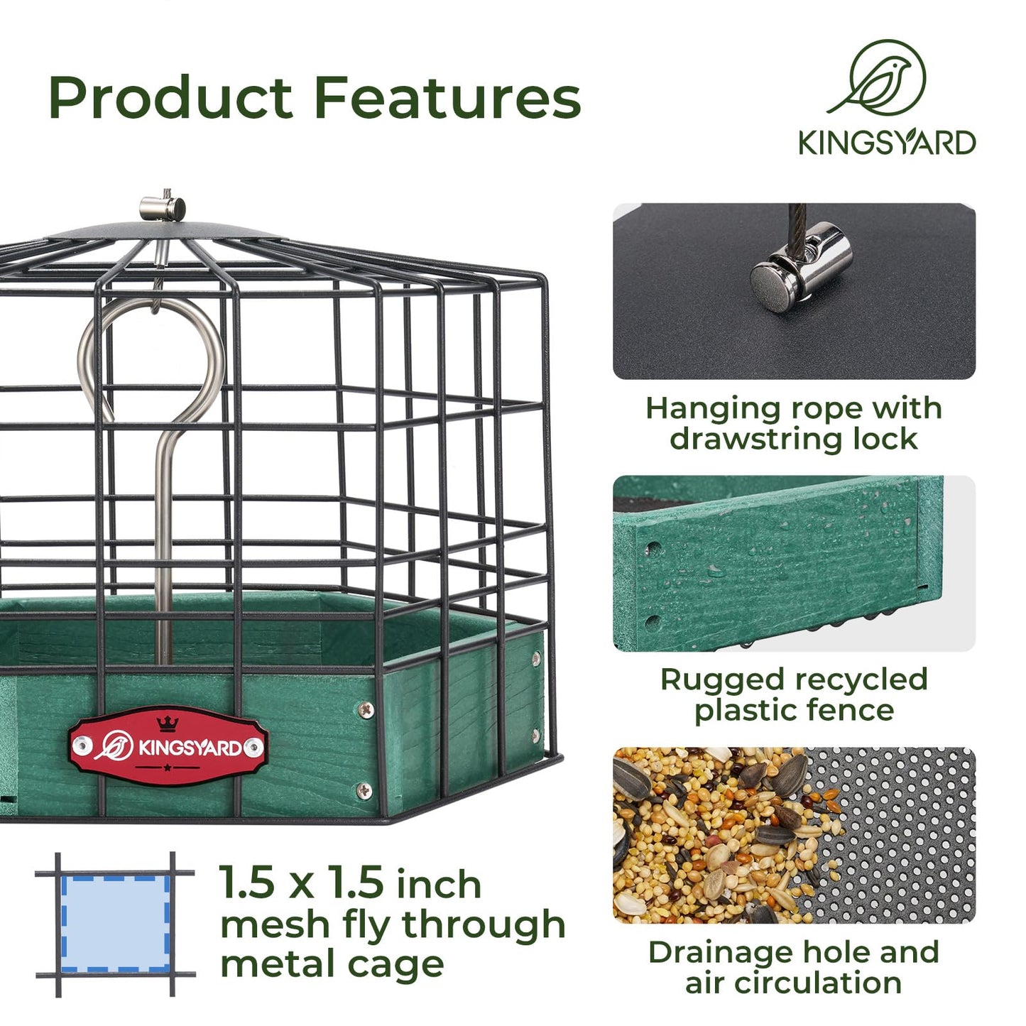 Kingsyard Squirrel Proof Platform Bird Feeders for Outdoor Hanging, 10" Wide Metal Caged Bird Feeder for Small Wildbirds Finches, Recycled Plastic Feeding Platform with Metal Seed Tray, Green
