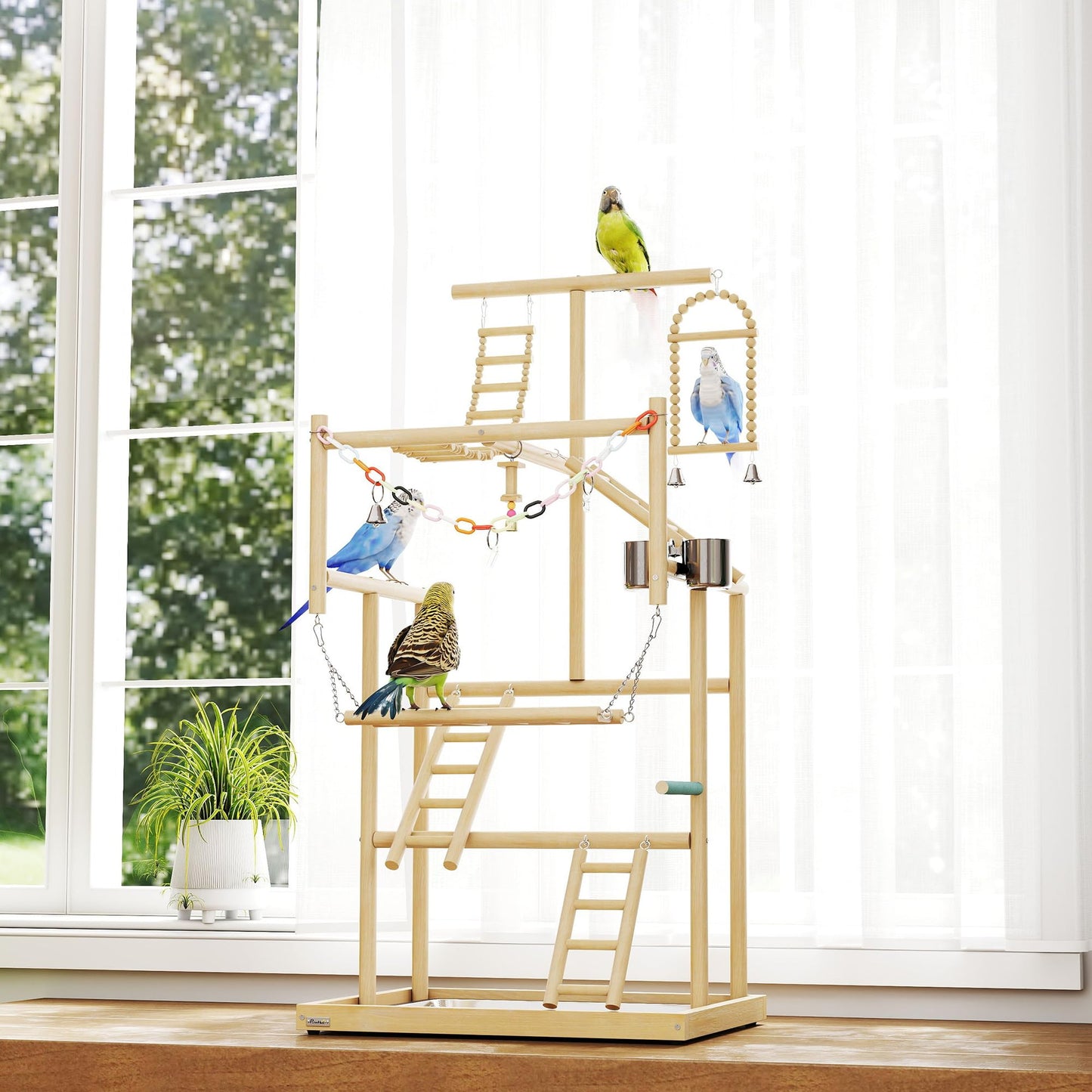 PawHut Bird Playground, 4 Layer Wooden Parrot Play Stand with Ladders, Chain Toy, Stainless Steel Cups and Tray, Bird Cage Accessories for Parakeets, Cockatiels, Finches, Lovebirds, Budgie