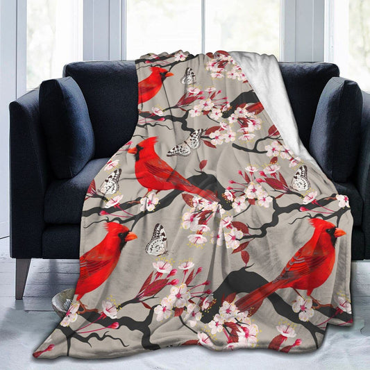 LodiSFOA Lightweight Microfiber Plush Throw Blanket Christmas Cardinal Decor for Couch Bed Sofa Travel All Seasons(Cardinals Birds Cherry Flowers, 40"×50")