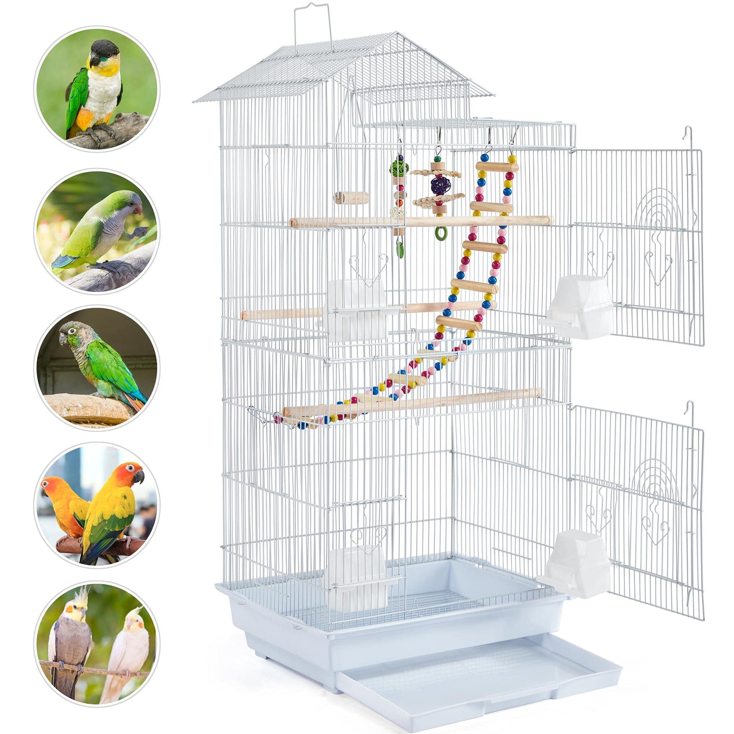 Yaheetech 39-inch Roof Top Medium Parakeet Bird Cages for Cockatiels Conures Finches Budgies Canaries Lovebirds Parakeets Green Cheek Small Birds Parrots, Travel Flight Birdcage w/Toys, White