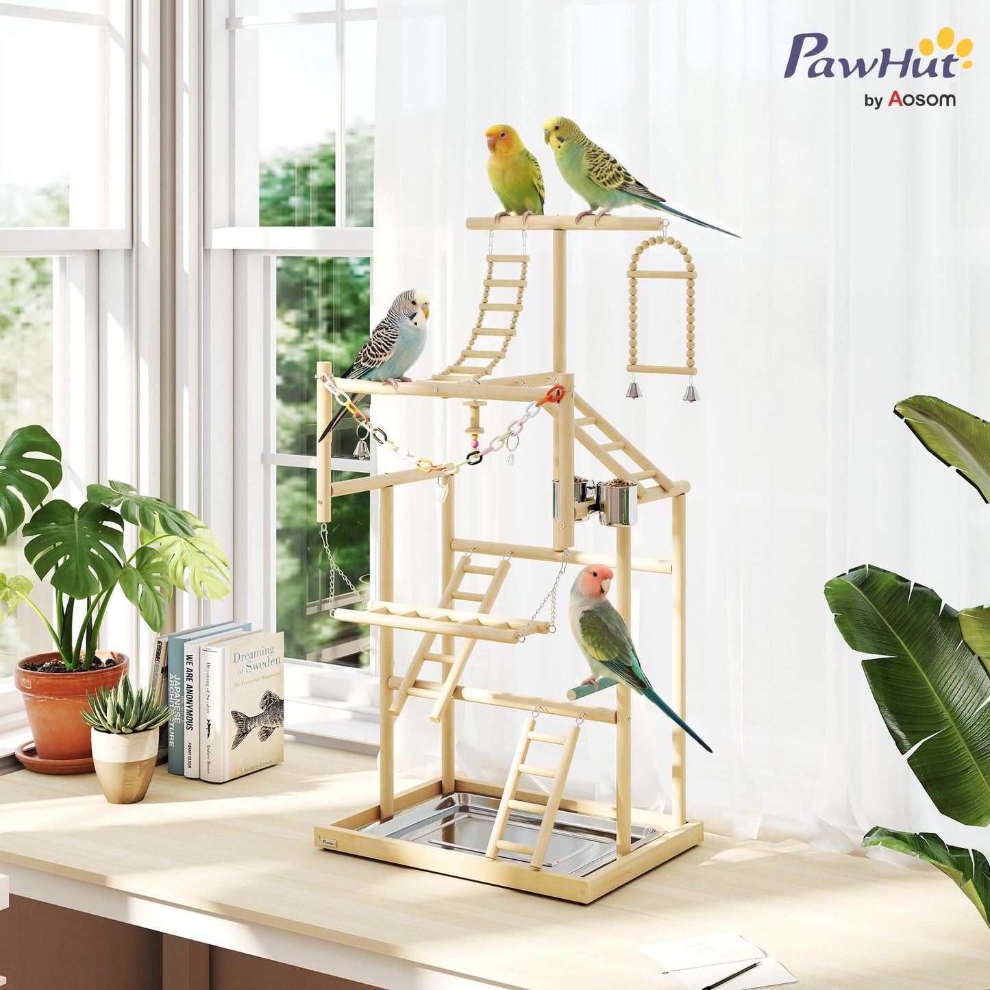 PawHut Bird Playground, 4 Layer Wooden Parrot Play Stand with Ladders, Chain Toy, Stainless Steel Cups and Tray, Bird Cage Accessories for Parakeets, Cockatiels, Finches, Lovebirds, Budgie