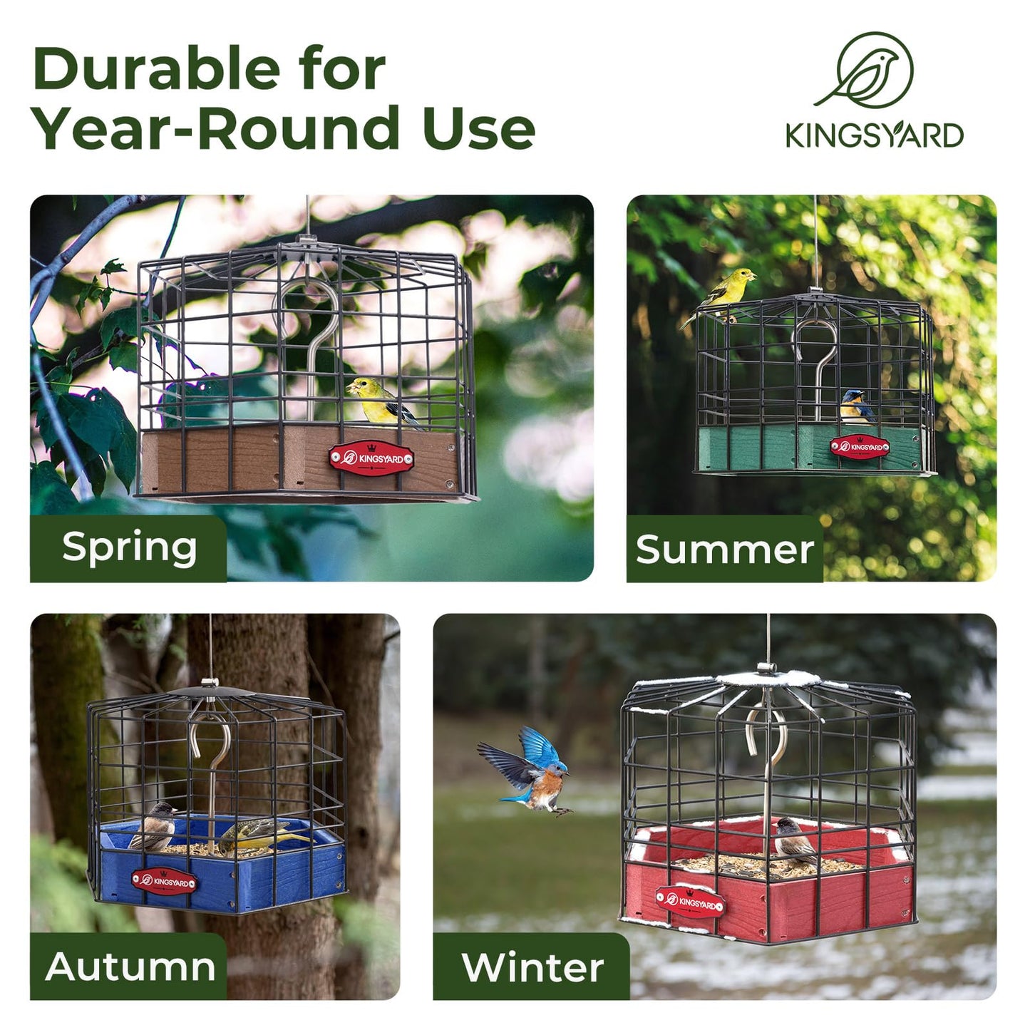 Kingsyard Squirrel Proof Platform Bird Feeders for Outdoor Hanging, 10" Wide Metal Caged Bird Feeder for Small Wildbirds Finches, Recycled Plastic Feeding Platform with Metal Seed Tray, Green