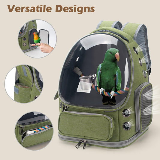 Kreachur Bird Backpack Carrier Travel Cage with Perch, Tray and Breathable Clear Window, Bird Travel Cage for Cockatiel Caique Conure Quaker, for Vetting Camping Hiking (Green)