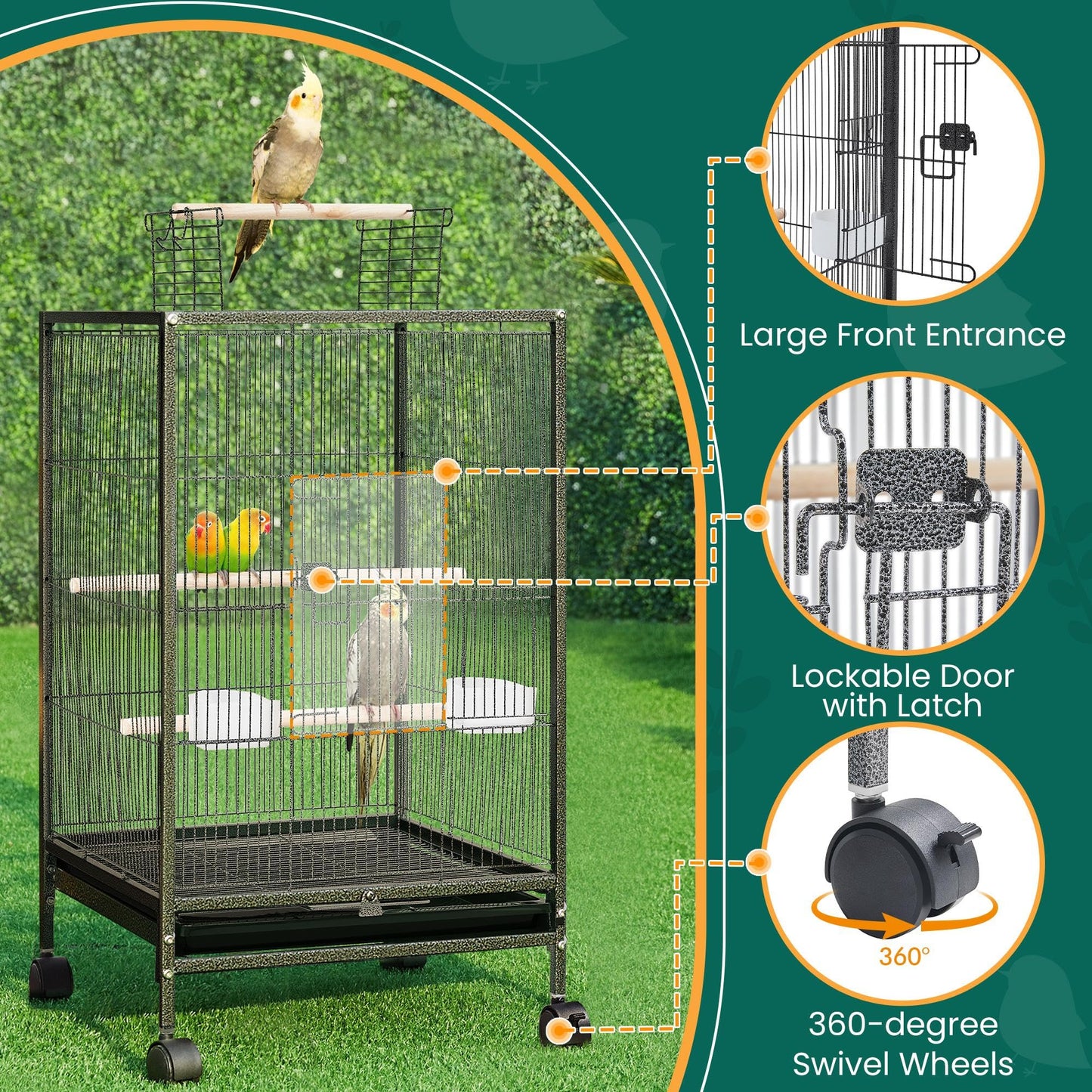 Yaheetech 35 inch Wrought Iron Bird Cage w/Play Open Top and Rolling Stand for Small Birds Like Parrots Conure Lovebird Cockatiel Lovebirds Budgies