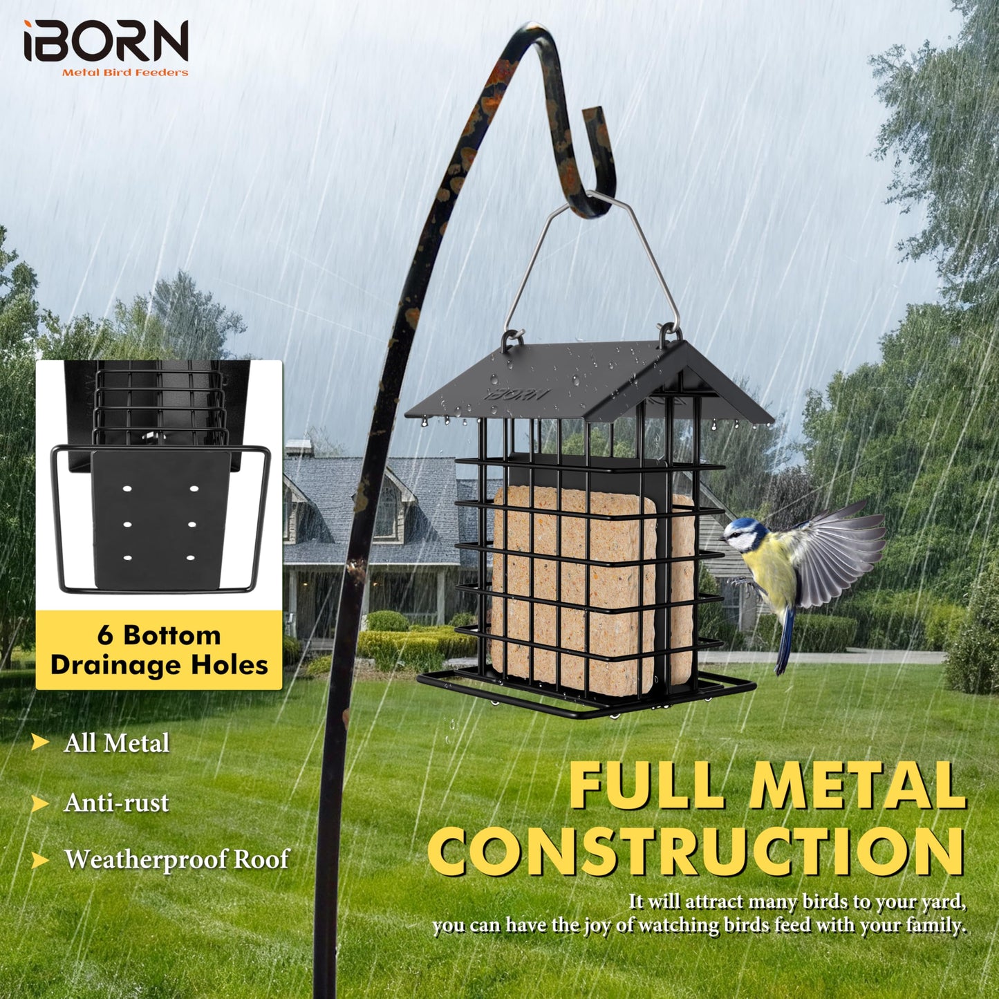 iBorn Suet Feeder for Outside Hanging,Suet Bird Feeders for Outdoors,Suet Holder With Squirrel Proof Hanger Hook,Suet Cage Bird Feeders,Woodpecker Feeder,Weatherproof Metal Roof,All Metal,1 Pack,Black