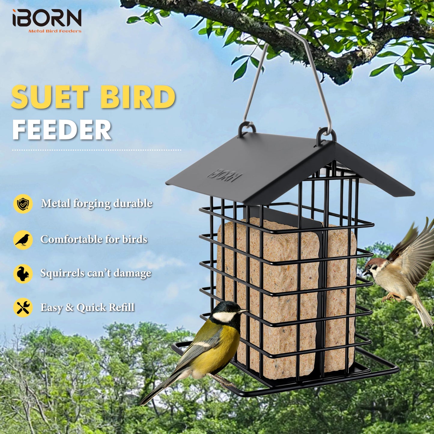 iBorn Suet Feeder for Outside Hanging,Suet Bird Feeders for Outdoors,Suet Holder With Squirrel Proof Hanger Hook,Suet Cage Bird Feeders,Woodpecker Feeder,Weatherproof Metal Roof,All Metal,1 Pack,Black