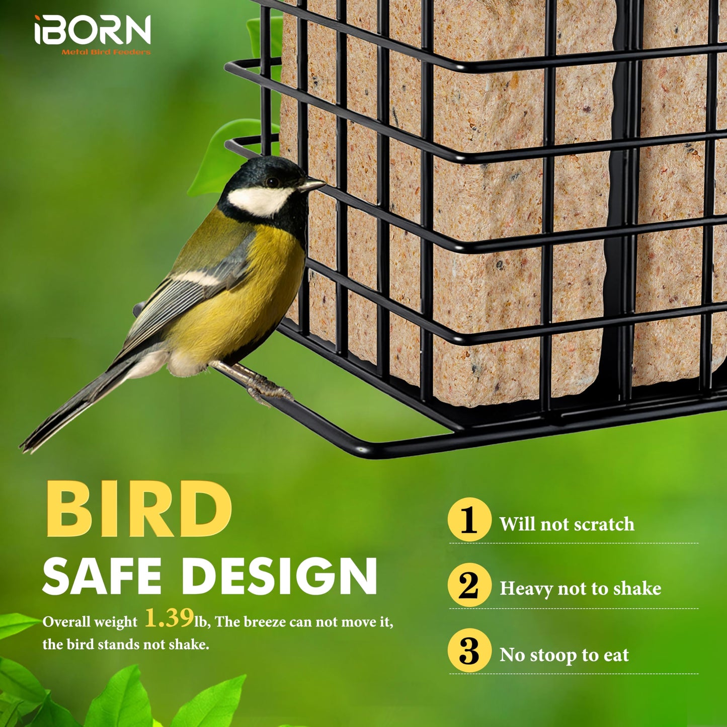 iBorn Suet Feeder for Outside Hanging,Suet Bird Feeders for Outdoors,Suet Holder With Squirrel Proof Hanger Hook,Suet Cage Bird Feeders,Woodpecker Feeder,Weatherproof Metal Roof,All Metal,1 Pack,Black