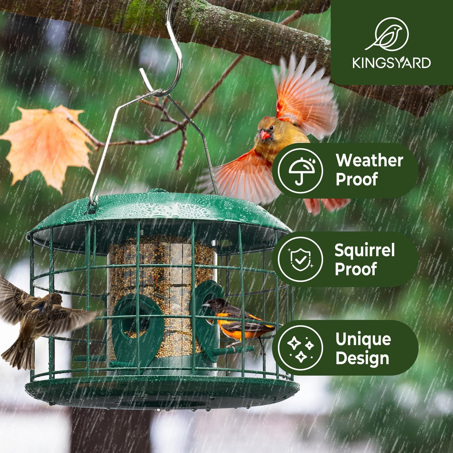 Kingsyard Tube Squirrel Proof Bird Feeders for Outdoor Hanging, Metal Caged Bird Feeder with Rain Proof Covered for Wildbirds Finches Bluebird, 4 Feeding Ports, Green