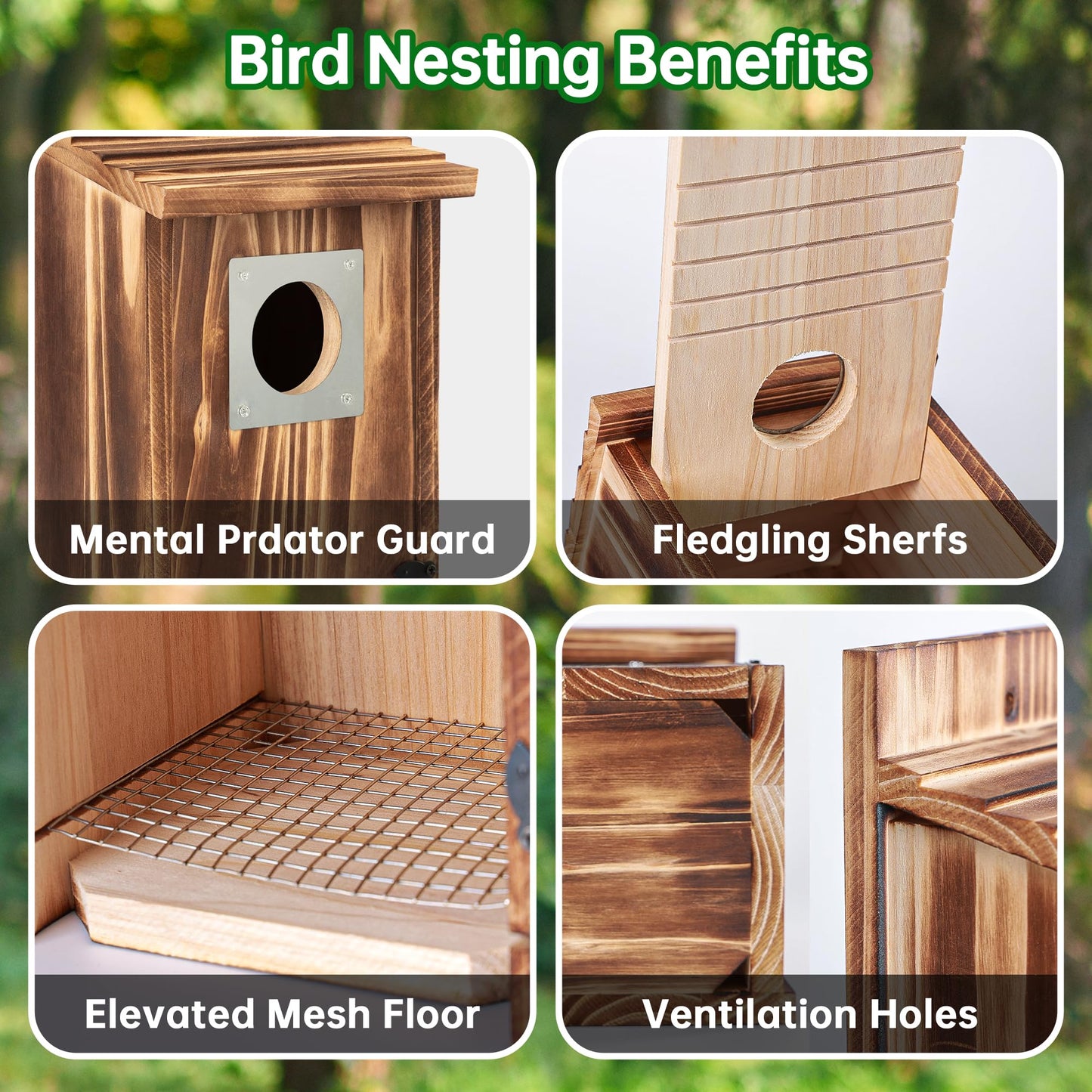 Bird Houses for Outside with Metal Predator Guard for Bluebird Wren Swallow Finch, Carbonized Wooden Nesting Boxes for Outdoor, Sturdy Bird House,Easy to Clean
