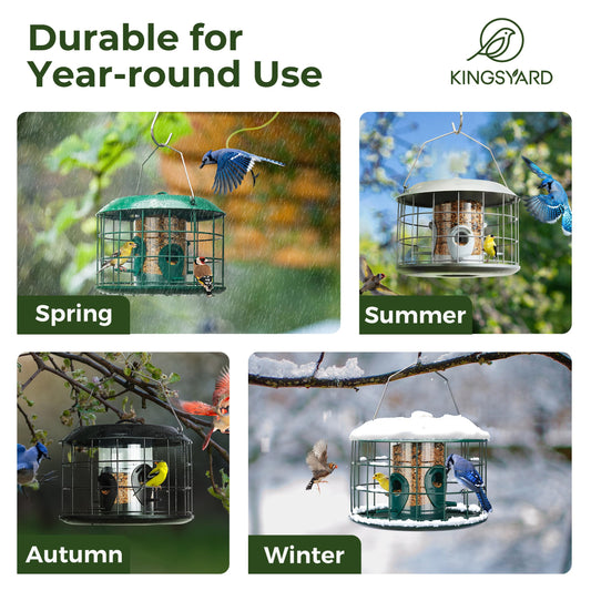 Kingsyard Tube Squirrel Proof Bird Feeders for Outdoor Hanging, Metal Caged Bird Feeder with Rain Proof Covered for Wildbirds Finches Bluebird, 4 Feeding Ports, Green