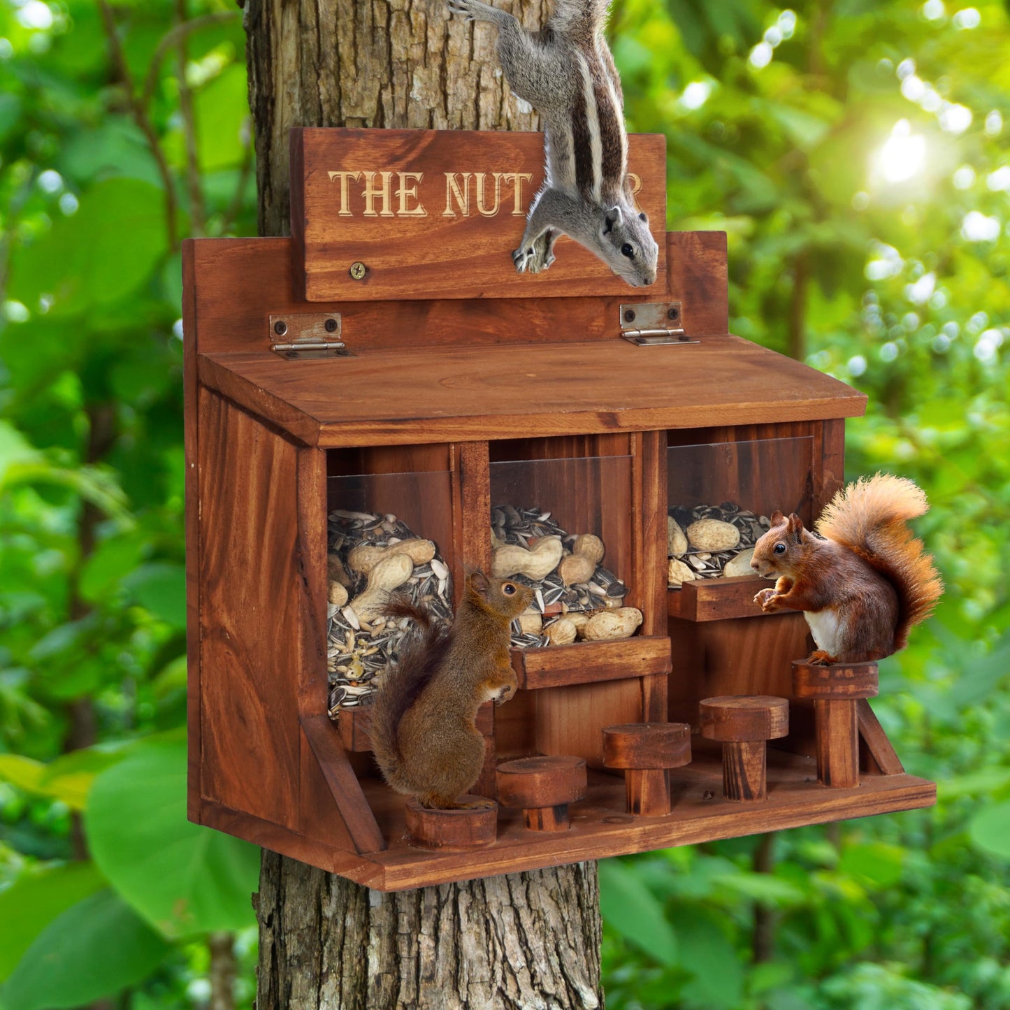 MIXUMON Squirrel Feeder Table The Nut Bar, Wooden Squirrel Picnic Table Feeder, Durable Squirrel Feeder Corn Cob with 3 Compartments, Stable Squirrels Stool Bar, 12.2 x 6.6 x 12.2 Inches